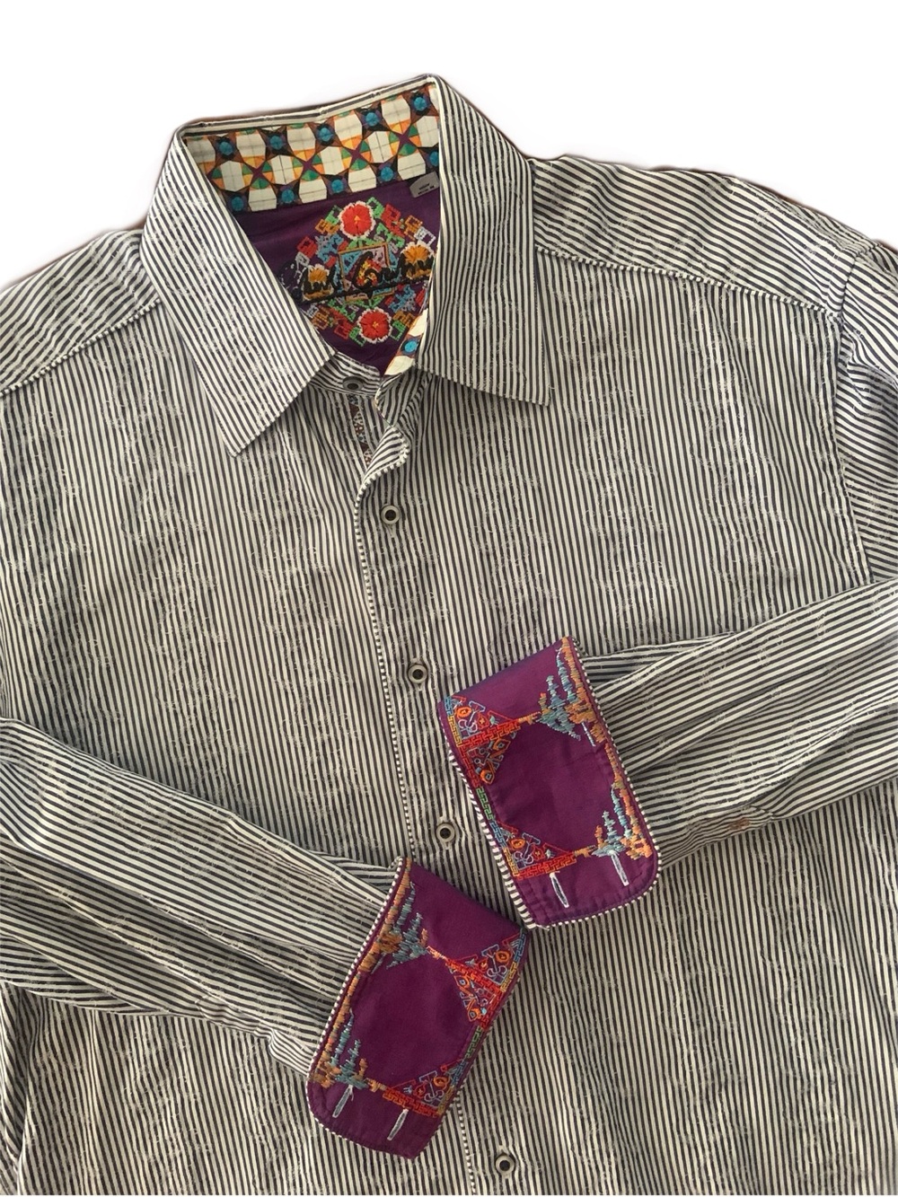 Robert Graham Blue & White Striped Embossed L/S with bold embroidered flip cuffs